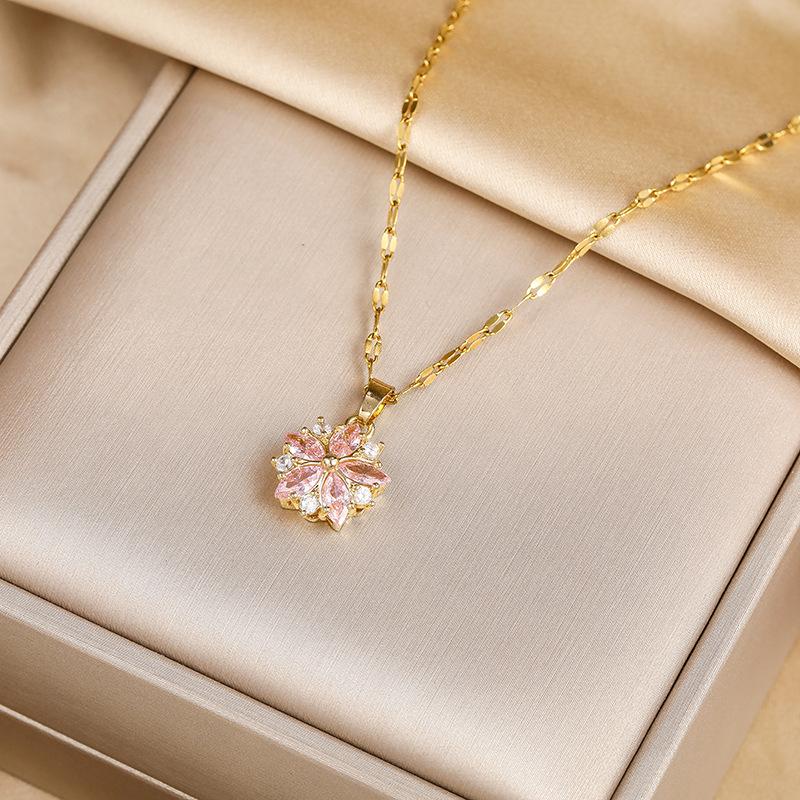 Sweet Stone Cherry Blossom Pendant Gold Titanium Steel Lock Chain Women's Stainless Steel Necklace