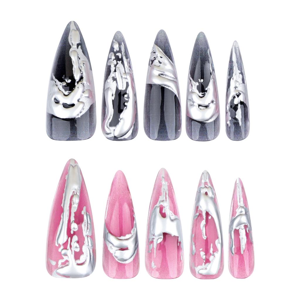 24 Pieces European and American Long Pointed Wearing Nail Smudge Hot Silver 3D Wearable Nail Plate Manicure Fake Nail