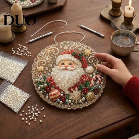 Creative Gifts for Adults DIY Christmas Sun Catcher Kit, Faux Pearl Art Hanging Ornament, Santa Claus Holiday Ornament Tools Xmas Tree Craft