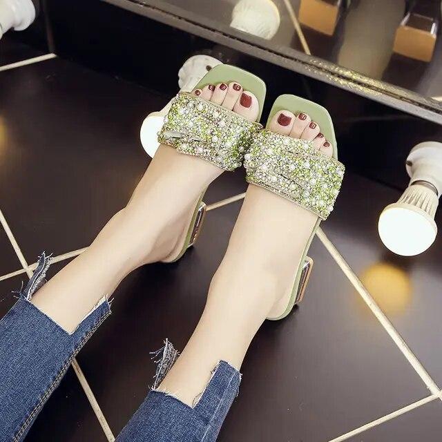 Comemore 2024, дизайнерские шлепанцы со стразами и блестками, роскошные нескользящие женские тапочки на квадратном каблуке, новые модные сандалии с узлом-бабочкой