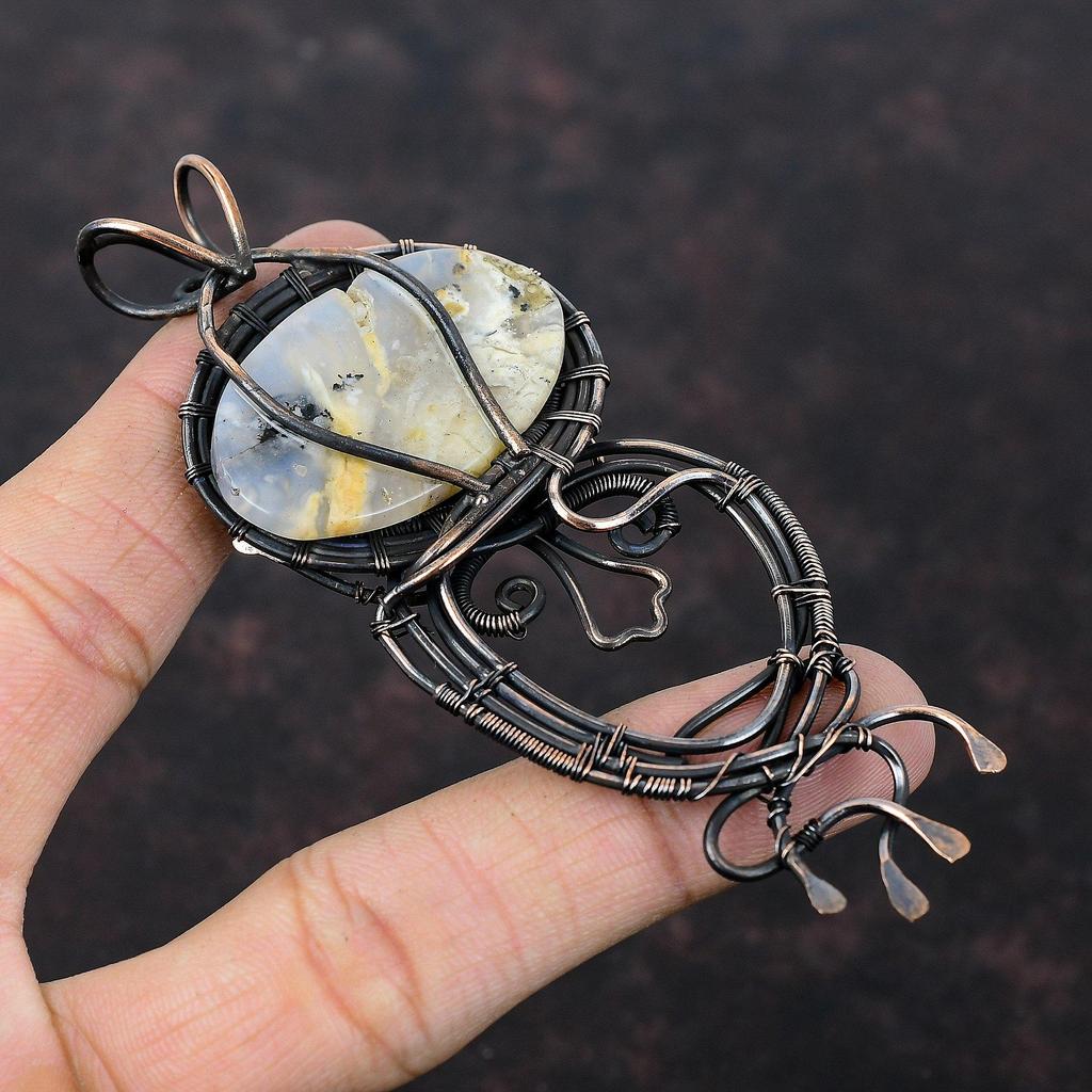 Подвеска из агата с перьями, подвеска из медной проволоки, ювелирное изделие из агата с перьями, оригинальный кулон из драгоценных камней, подарок для нее, ювелирное изделие из медной проволоки