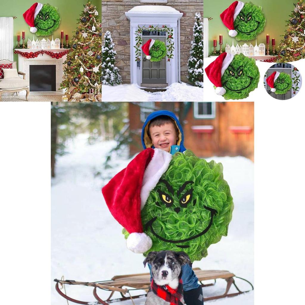 New Grinch Green Monster Plush Christmas Wreath Adorned Festive Holiday Decoration