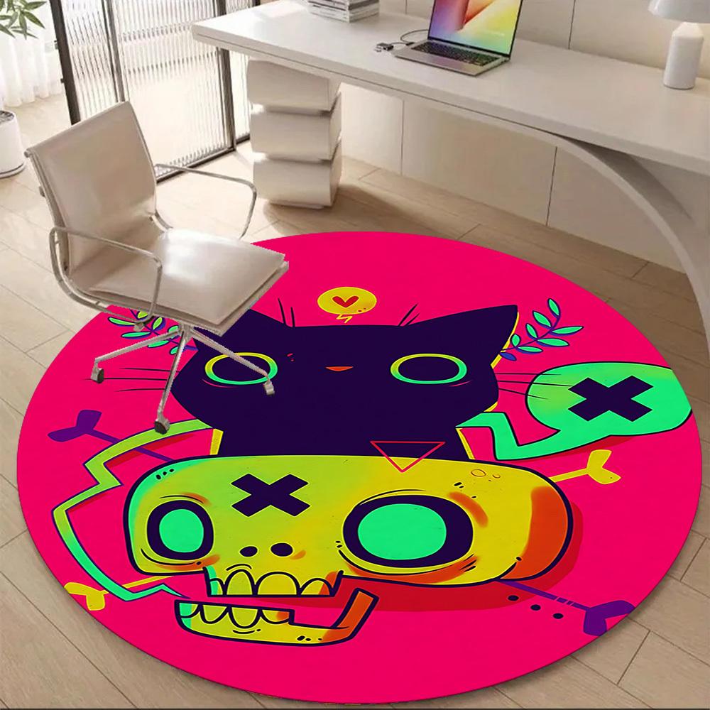 1pc Cat Skull Office Round Area Rug, Under Office Chairs Bedroom Living Room Home Decor, Room Deco