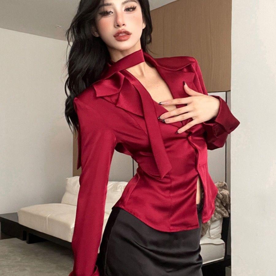 Женская рубашка с воротником из атласной ленты — весна 2024 г. Стиль французский шик