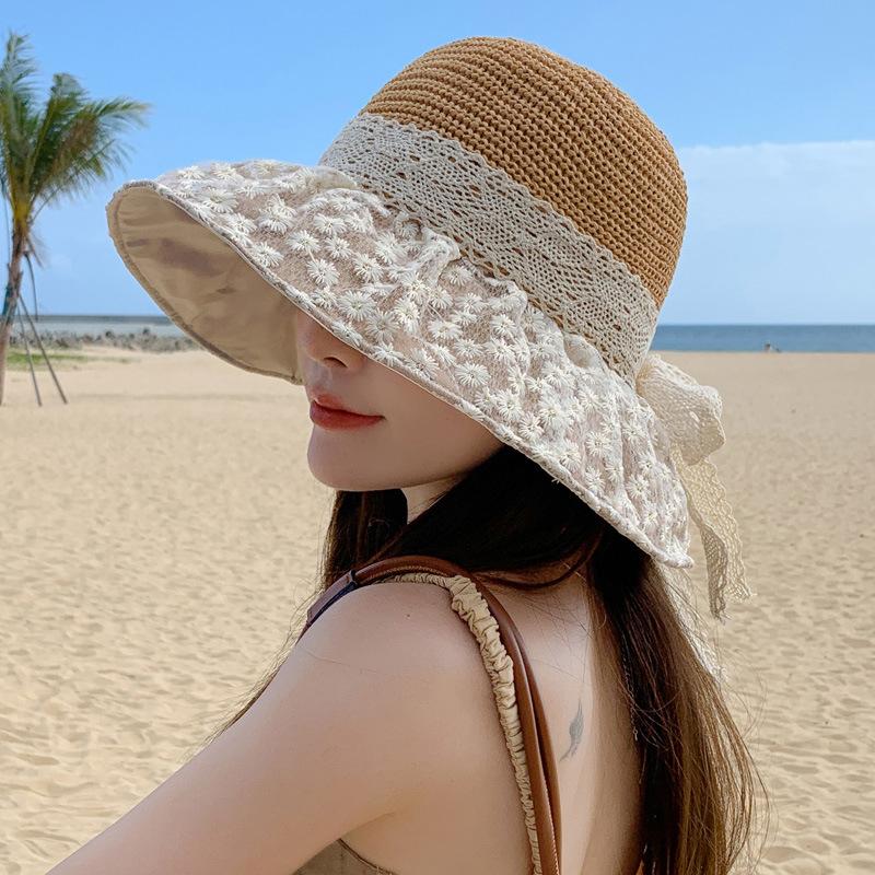 Breathable hat summer women's outdoor sweet sunscreen hat mesh bucket hat lace bow big brim