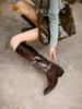 Women's Retro Chunky Heel Genuine Leather Knee-High Boots with Wide Calf and Pointed Toe