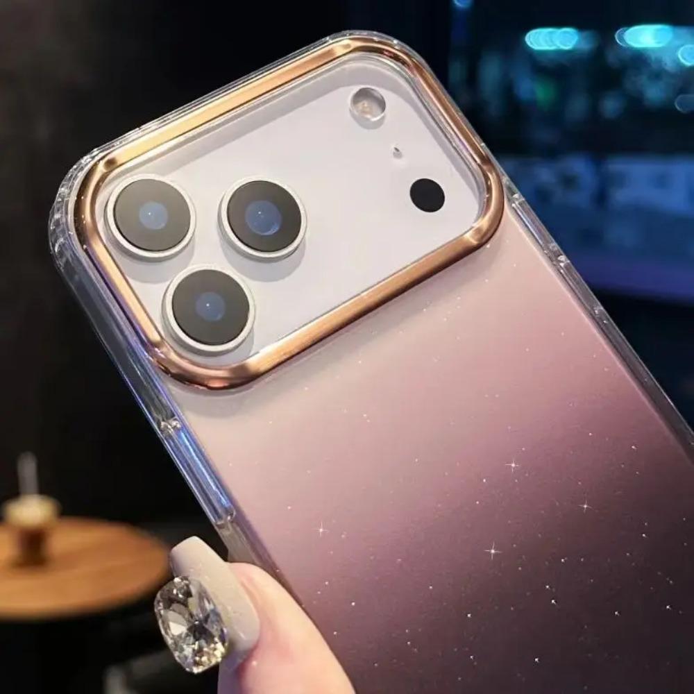 Модный градиентный ударопрочный чехол с блестками и покрытием для iPhone 17Air 16E 15 14 Plus 13 12 11 Pro Max Металлическая рамка для объектива Прочная крышка