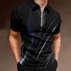 Casual Lapel T-shirt Young Men's Fashion Zipper T-shirt Short Sleeve T-shirt Men's 3D Color Block Print T Shirt
