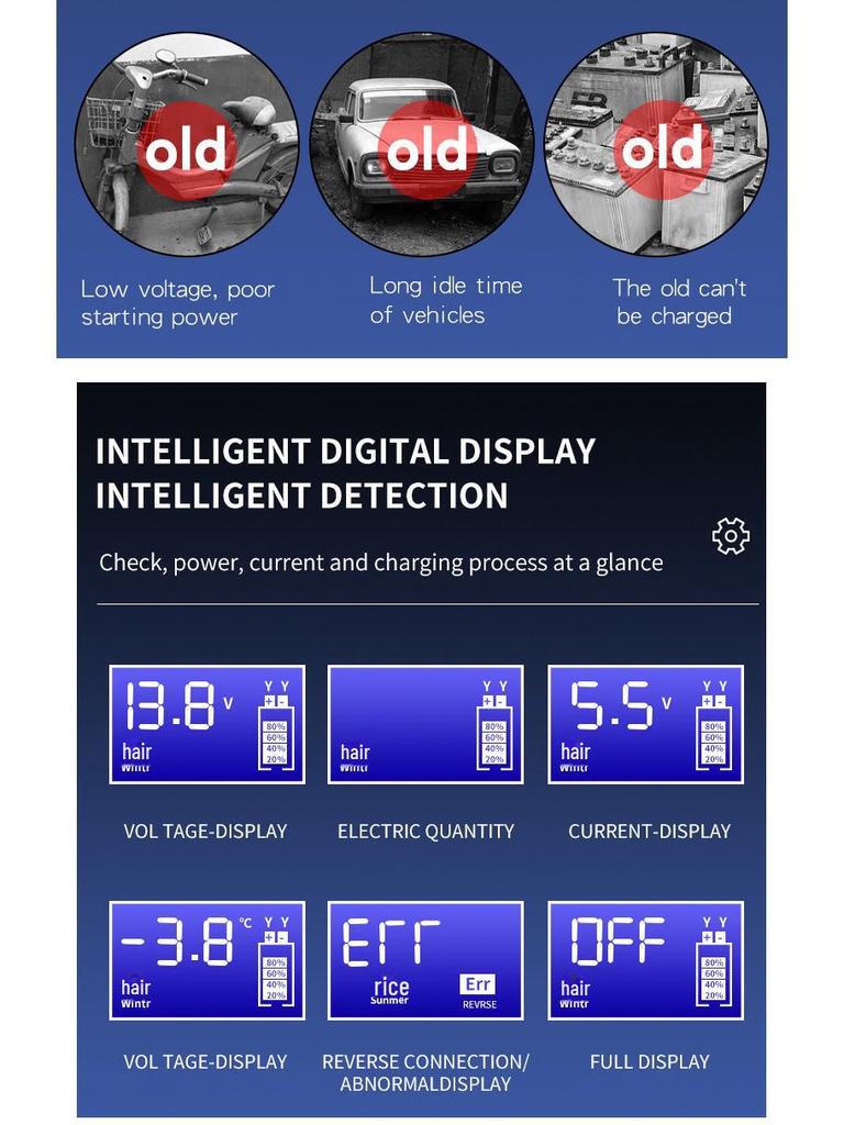 Зарядное устройство для аккумуляторов мотоциклов и автомобилей 12 В 6 А с цифровым дисплеем и интеллектуальным импульсным ремонтом свинцово-кислотных аккумуляторов