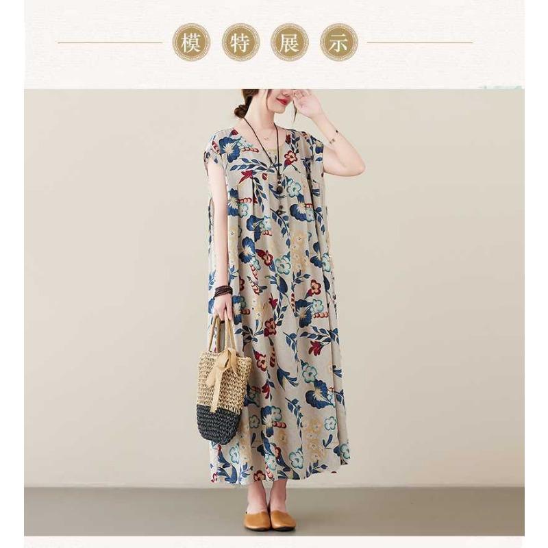 Новое литературное ретро платье большого размера свободное тонкое с короткими рукавами длинное женское