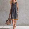 Stand V Neck Sleeveless Linen Midi Dress Color Block Trim Loose Relax Fit Casual Shift Dress With Side Pockets Vacation Breathable Outfit