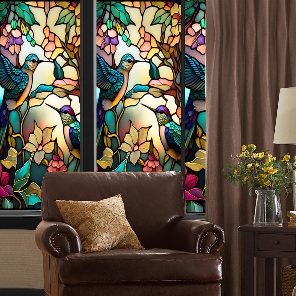 Retro Colorful Hummingbird Flower Stained Glass Window Film Non-adhesive Window Film Decorative Static Cling