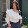 Korean Chic Retro Irregular One-Shoulder Ruffle Long-Sleeve Shirt Top