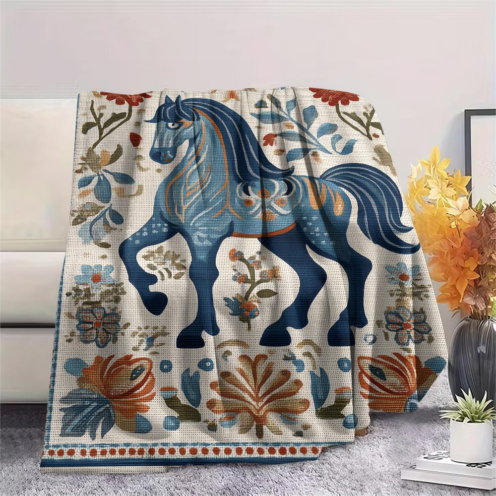 Flower Horse Print Flannel Blanket, High quality Comfortable for All Seasons, Home Decor, Warmth and Comfort, Perfect for Christmas Gifts