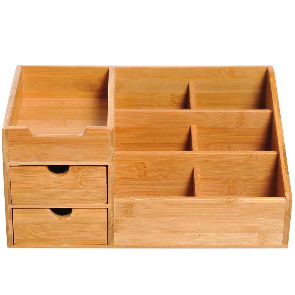 Desk Organizer, Bamboo, 2 Drawers, 6 Compartments, 33 x 20.5 x 15.5 cm, Natural