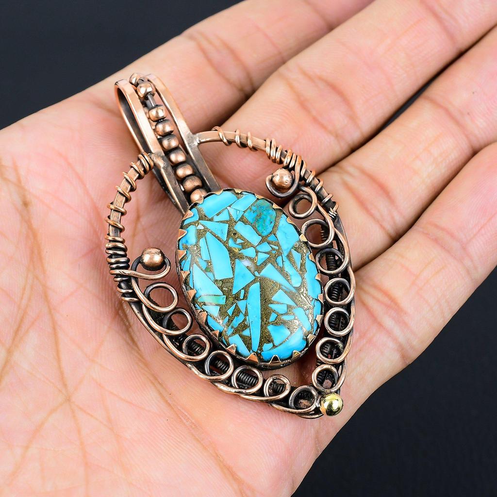 Ювелирные изделия ручной работы с медным бирюзовым драгоценным камнем, подвеска из чистой медной проволоки