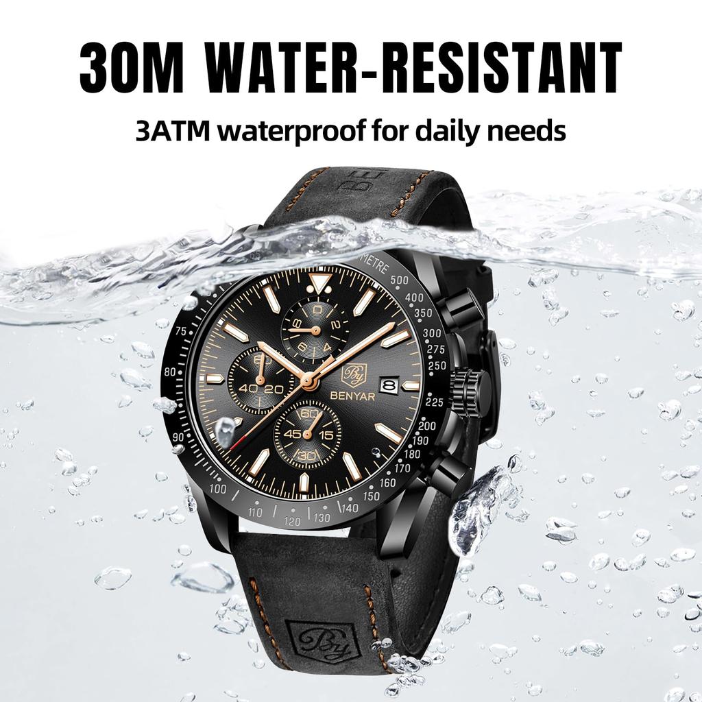 BY BENYAR Chronograph Analog 30M Water Leather Strap Quartz Brown Gift for Men Men's Watch, Resistant, Simple, Stylish, Popular, Formal, Movement,