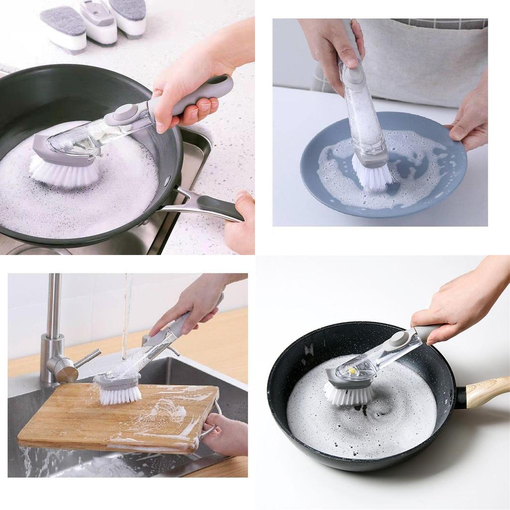 Premium Automatic Liquid Dispensing Long Handle Pot Cleaning Brush With Non-stick Features For Effortless Kitchen Cleaning