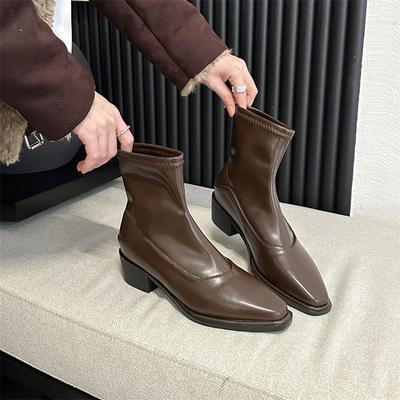 Огромный комфорт! Корейский нишевый дизайн, квадратный носок, толстый каблук, тонкие ботильоны, детские 2025 осень и зима, бархатные, на среднем каблуке, короткие ботинки