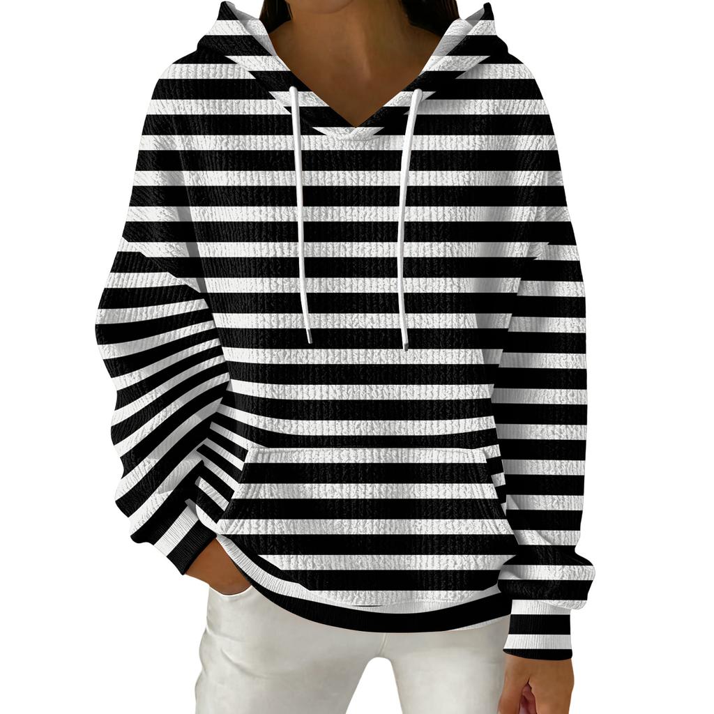 Women's Fashion Casual Striped Print Pullover Long-Sleeve Hooded Sweatshirt