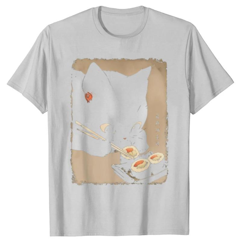 Футболки с милым рисунком «Кошка ест суши» в японском стиле, милые, с рисунком из аниме, для мужчин, модная повседневная футболка, 100% хлопок, свободные, большие футболки, женские