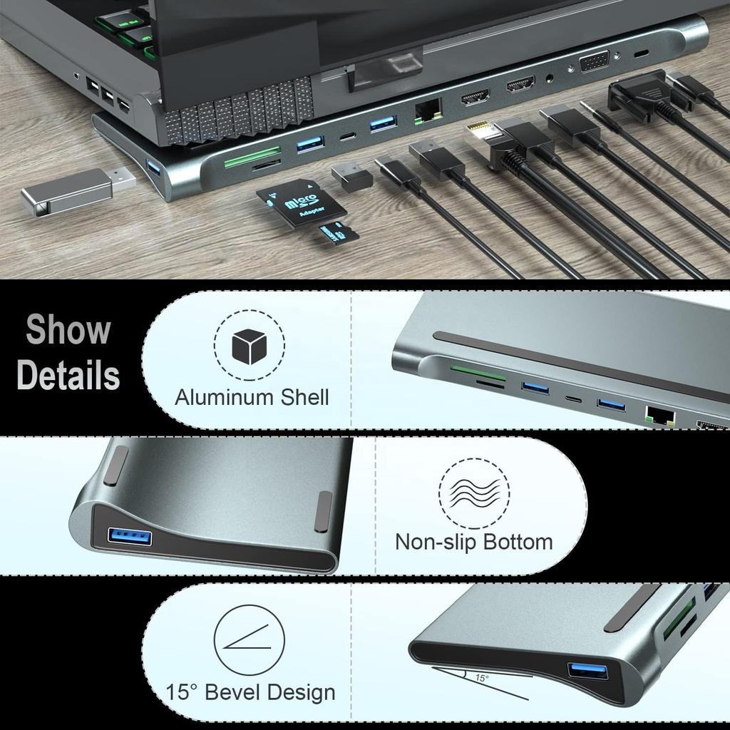 12 Ports Multi Function Type c Hub 2*HD 4K VGA RJ45 1000MB/S SD TF PD USB 3.0 Docking Station USB HUB