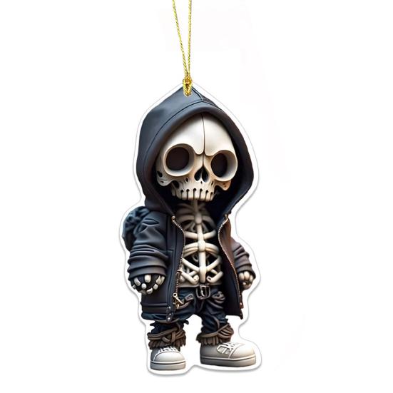 Halloween Car Ornament Cool Skeleton Acrylic Car Rearview Mirror Charm 2D Flat Skull Hanging Pendant for Car Interior Backpack Accessory