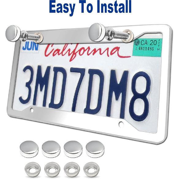 BGGTMO Stainless Steel License Plate Frames- 2 Pack Heavy Duty Polished Mirror Car Tag Cover With Chrome Screws Caps, 4 Holes Front & Rear Holders