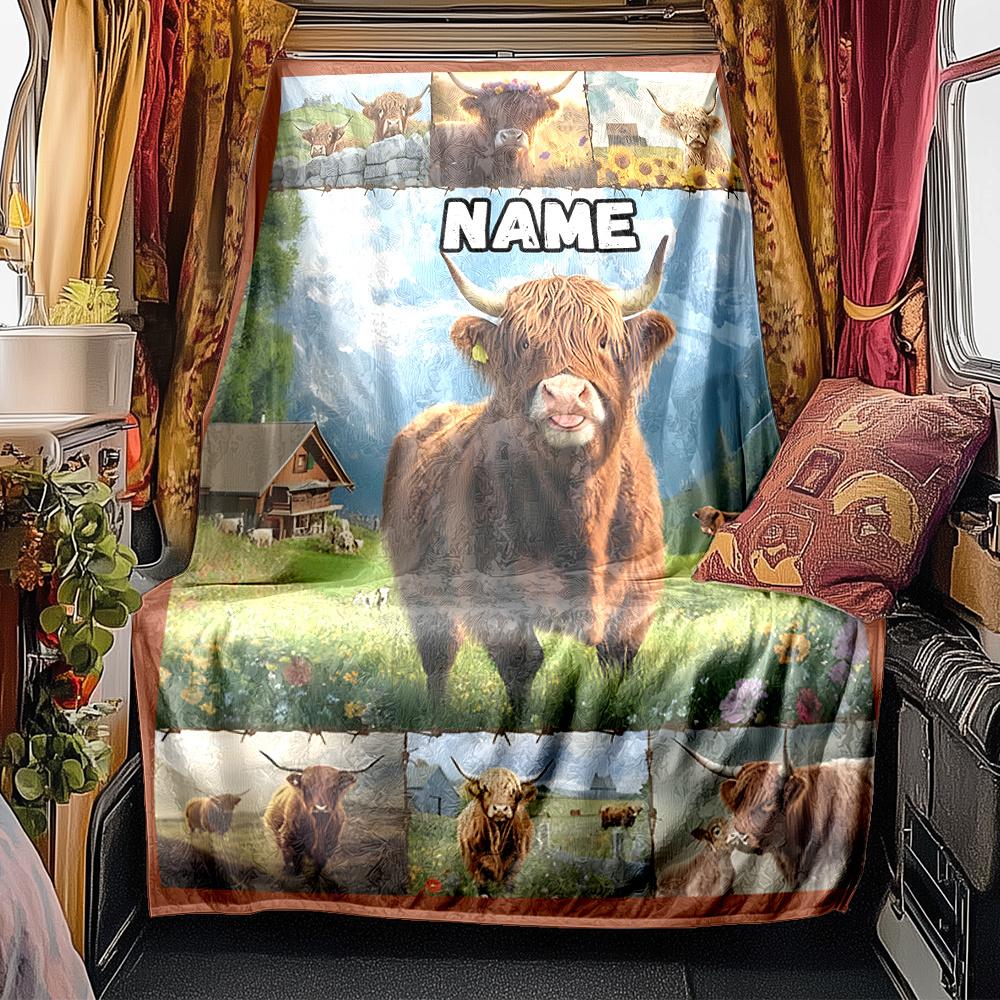 Highland Cow In Mountain Landscape Artwork Blanketcustomizable With Your Namecomfortable And Stylish Perfect For Travel Beds Chairs Offices Sofas