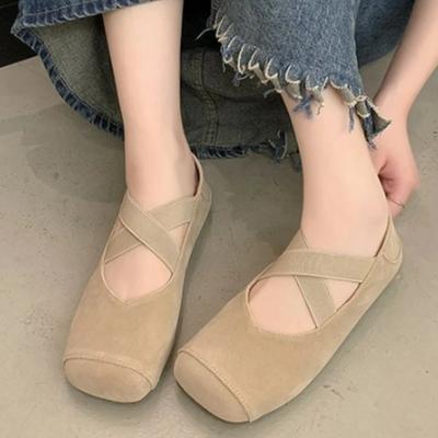 Модная обувь для женщин 2024 года, модные женские туфли на плоской подошве с эластичной резинкой, осенние туфли с квадратным носком из замши и сплошной подошвой из латуни, повседневные удобные туфли на плоской подошве