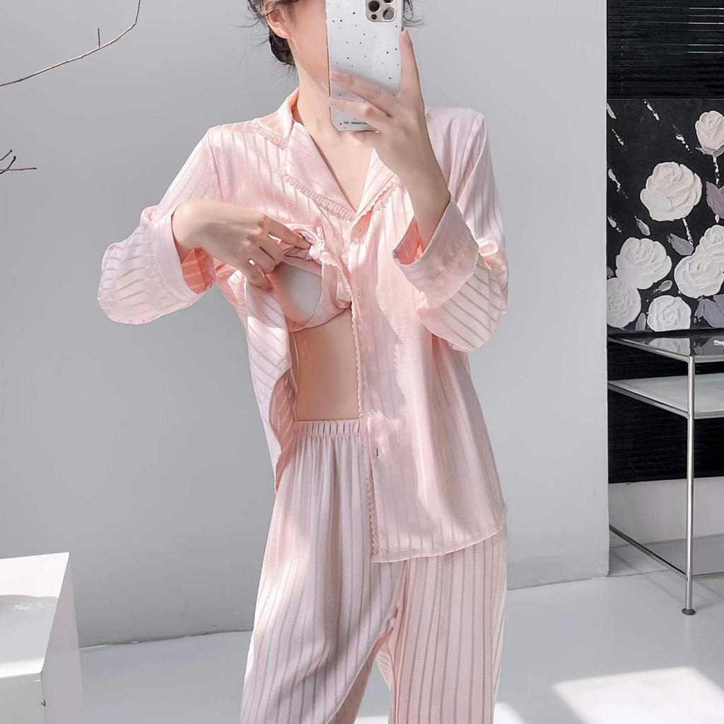 New spring and summer women's ice silk pajamas comfortable striped long-sleeved trousers acetic acid two-piece loungewear