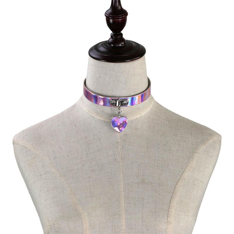 Fashion Holographic Choker Punk Laser Heart Pendant Collar Necklace Rivet Buckle