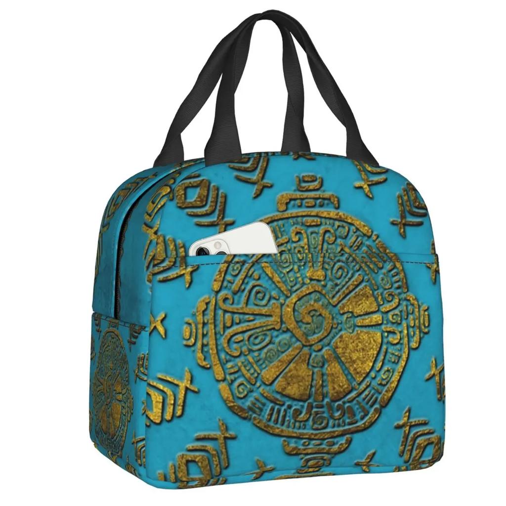 Mayan Aztec Hunab Ku Gold On Black Insulated Lunch Bag for Women Portable Cooler Thermal Lunch Box Beach Camping Travel
