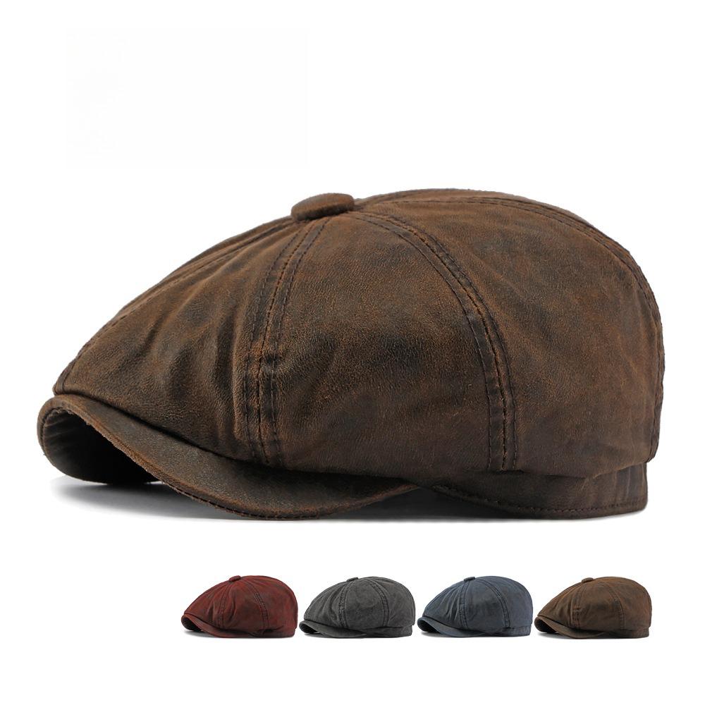 Men’s Vintage Faux Leather Eight-Panel Cap, Warm Lined British Newsboy Flat Cap, Casual Winter Duckbill Hat for Women