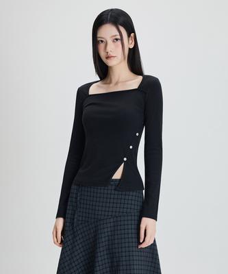 MIXXO Квадратный вырез Длинный рукав Боковой разрез Футболка_Miwlwg312A