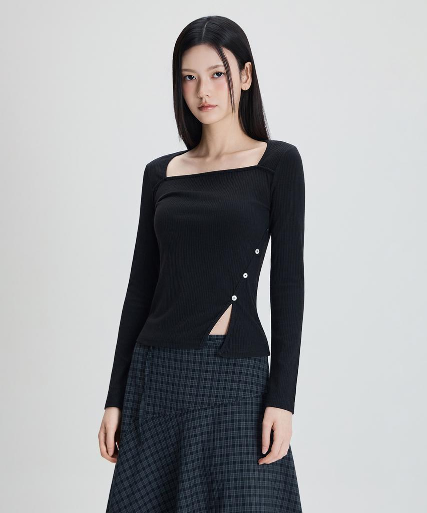 MIXXO Квадратный вырез Длинный рукав Боковой разрез Футболка_Miwlwg312A