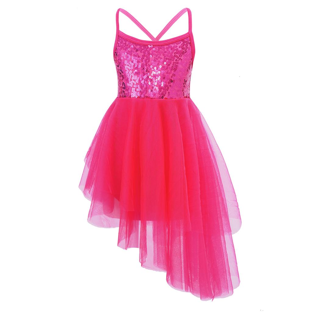 Kids Girls Sleeveless Sequins Tulle Ballet Dance Gymnastics Leotard Dress Lyrical Dance Wear