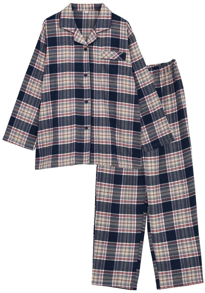 Kaituck Family Women's Cashmere-Touch Flannel Shirt Pajamas, Long Sleeve, Check Pattern, Spring, Autumn, Winter (L, Navy)