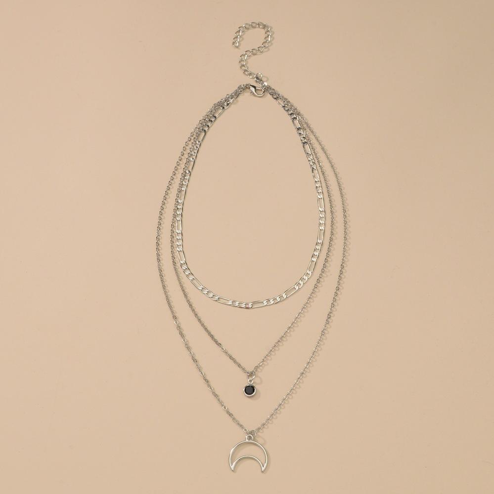 Vintage Alloy Moon Black Hemming Diamond Pendant Necklace Multilayer Chain Clavicle Chain