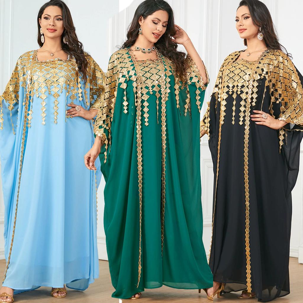 Women Spring Summer Metallic Muslim Robe Loose Two-piece Dress