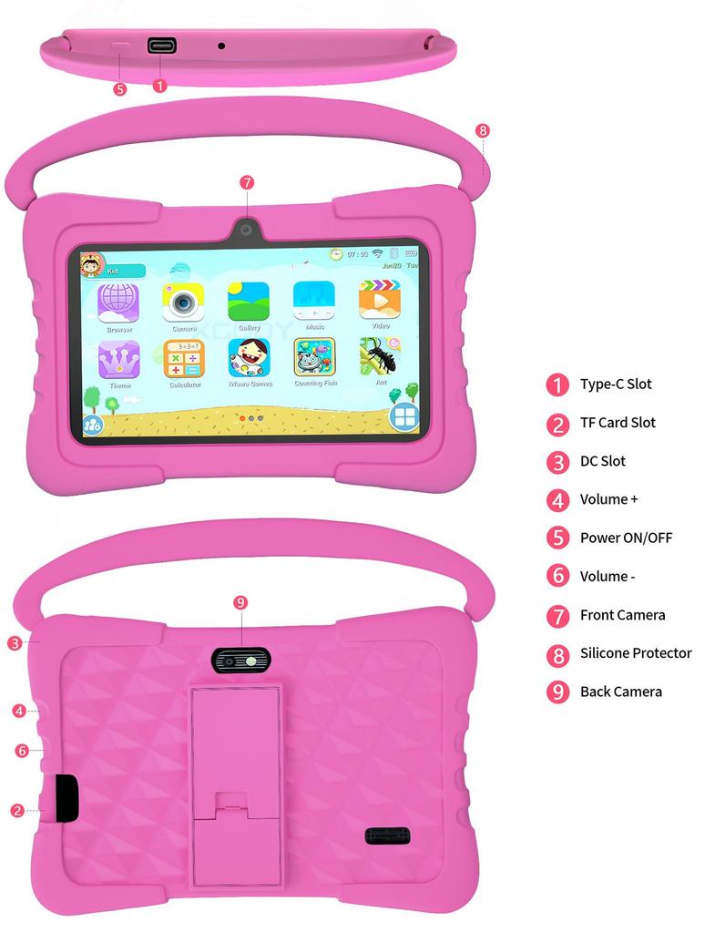 7-дюймовый детский планшет Android с четырехъядерным процессором, WIFI, обучающими приложениями и IPS-экраном для фотографии и обучения