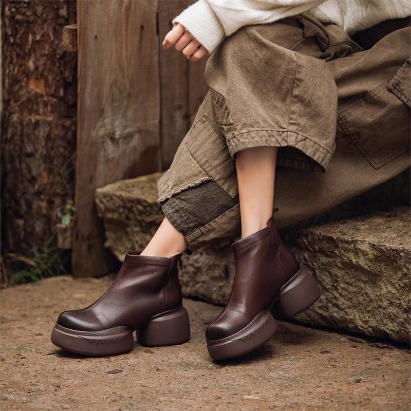 Fashion GKTINOO Genuine Leather Ankle Boots Women Shoes 2025 New Autumn Winter Round Toe Square Heel Zip Handmade Leisure Women Boots