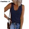 Summer New Europe and The United States Women's Buckle Knitted Undershirt Solid Color V-neck Sleeveless Blouse Female