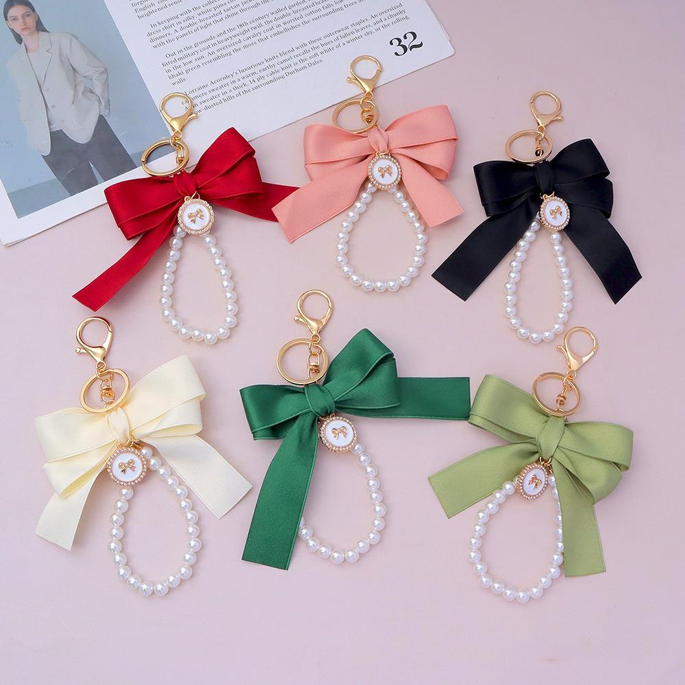Handmade Bowknot Keychains Fabric Ribbon Headphone Case Accessories Creative Pearl Bow Keychain