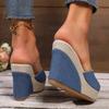 Blue Denim Wedge Sandals for Women Peep Toe Chunky Platform Slippers Woman 2025 Summer Comfort Thick Sole Beach Slides