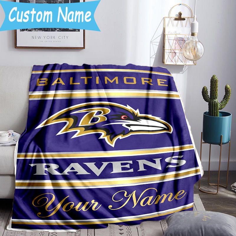 Custom Name football Ravens Logo Flannel Blanket, Use for Birthday/Holiday Gift, Soft Blanket for Sofa/Bed/Camping/Office, Home Decor
