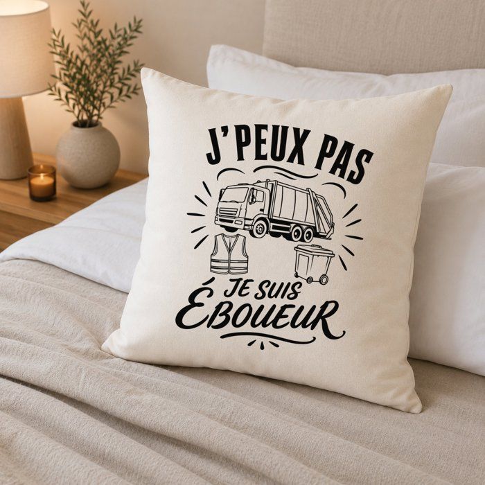 Housse de Coussin J’peux pas je suis Éboueur J'peux pas minimaliste | Coton Canvas Fairtrade 305 g/m² Zip Invisible Taille 40×40 cm