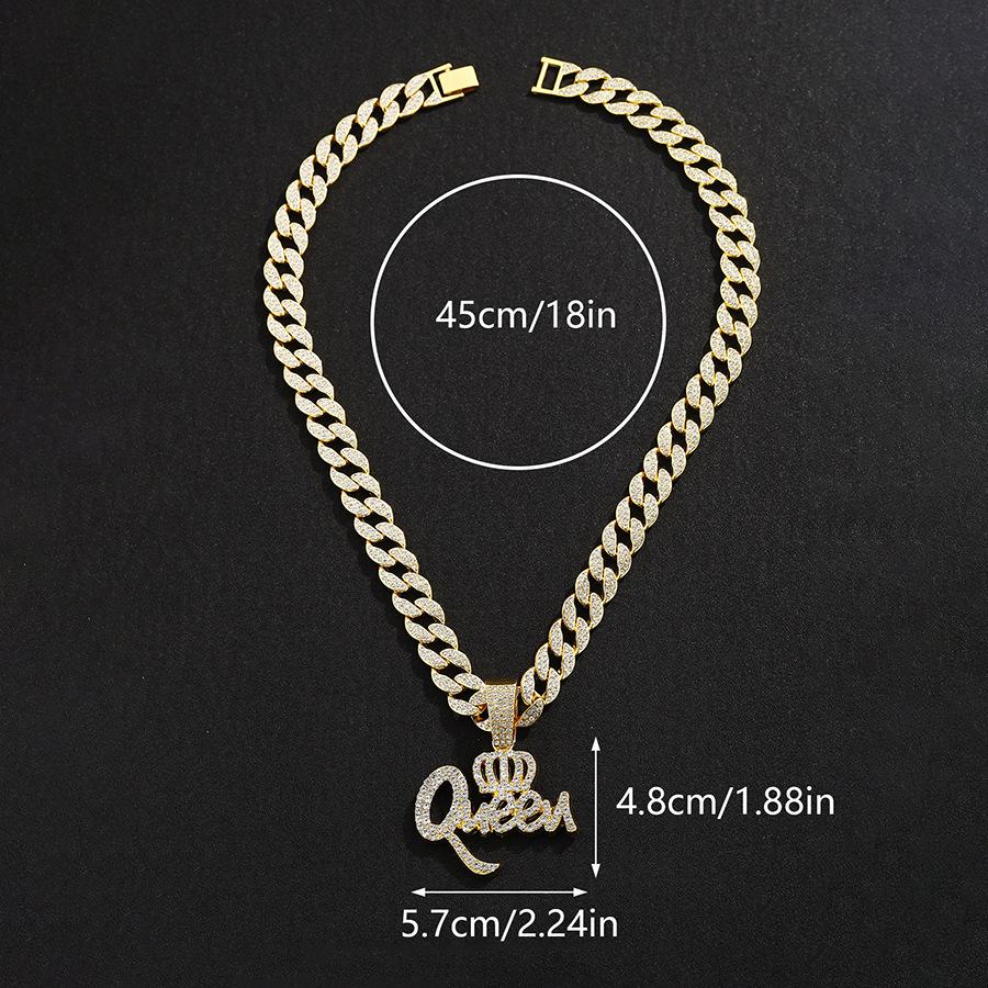Hip Hop Zinc Alloy Crown QUEEN Letter Full Diamond Pendant Temperament Personality Necklace Jewelry Men