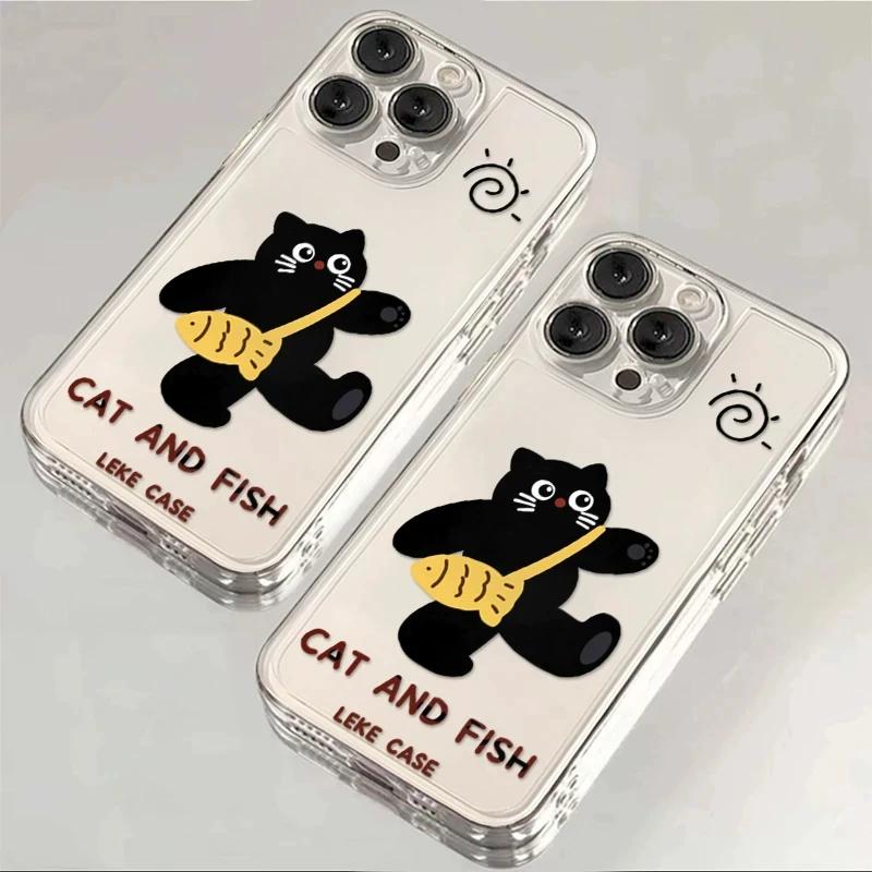 Cute Black Cat & Fish Clear Phone Case, Cartoon Animal Shockproof Cover for iPhone