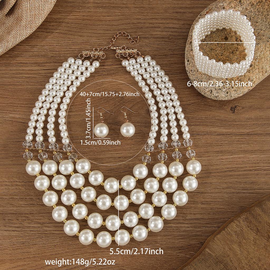 Wedding Jewelry Set Fashion Elegant Crystal Imitation Pearl Multi-layer Handmade Beaded Bib Necklace Earrings Bracelet For Women